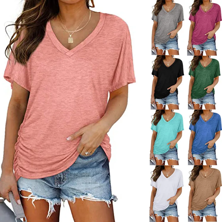 

European and American fashion women's new solid color bat sleeve side pleated V-neck short-sleeved women's T-shirt women
