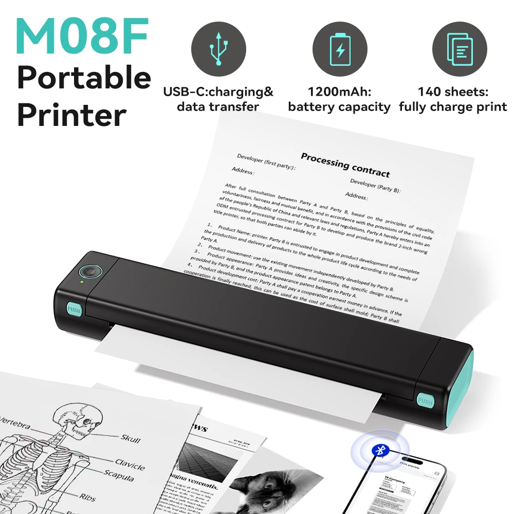 

Phomemo M08F Wireless Bluetooth Printer A4 Thermal Tattoo Printer Portable Mini Thermal Paper Maker Compatible for Phone & PC