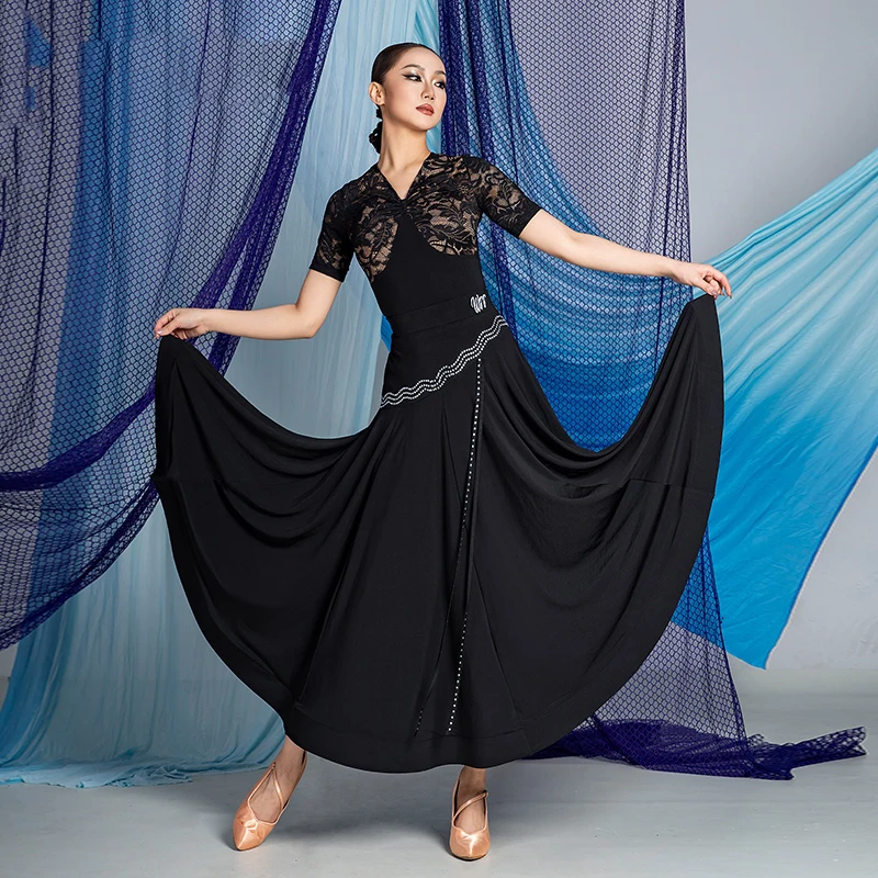 

New Ballroom Dance Clothes Women Short Sleeves Black Lace Tops Long Skirt Latin Waltz Dance Practice Performance Dress DNV23449