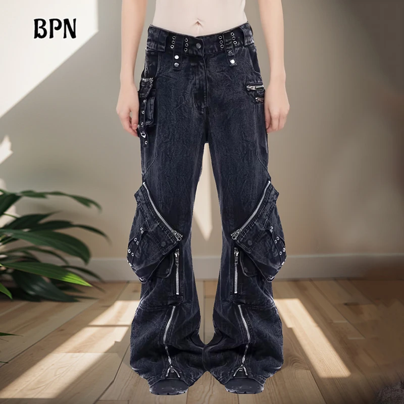 

BPN Vintage Patchwork Zipper Loose Wide Leg Pants For Women High Waist Spliced Pockets Casual Denim Jeans Female Fashion Style