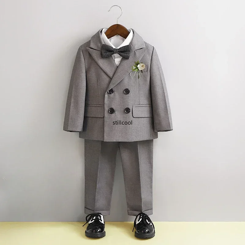 Boys Business Suit Spring Summer 2024 British Plaid Flower Child Wedding Outfits Gray Handsome Kids School Uniform Blazer Set