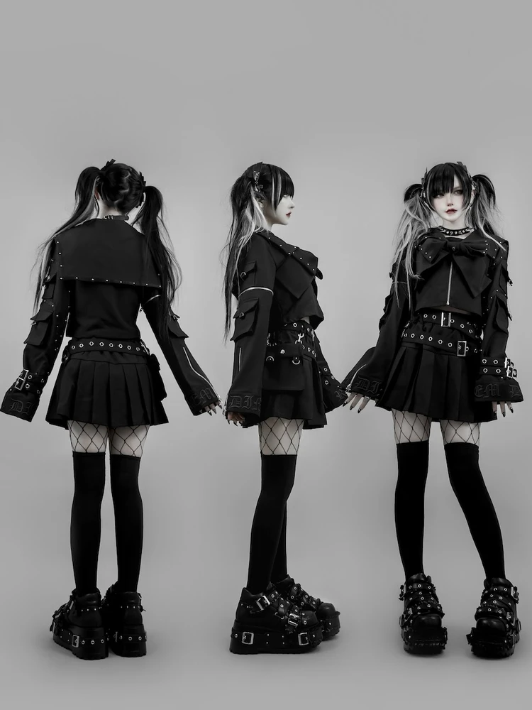 اليابانية Rojita Harajuku نمط كتلة اللون قصيرة سستة القوس القوطية حلقة مستديرة برشام الدنيم سترة معطف تنورة قطعتين مجموعة النساء