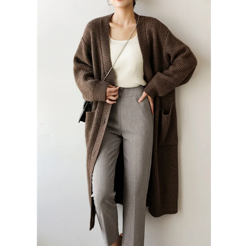 Foreign air pocket over knee long cashmere cardigan women autumn winter Korean version of sweater coat loose  wool overcoat