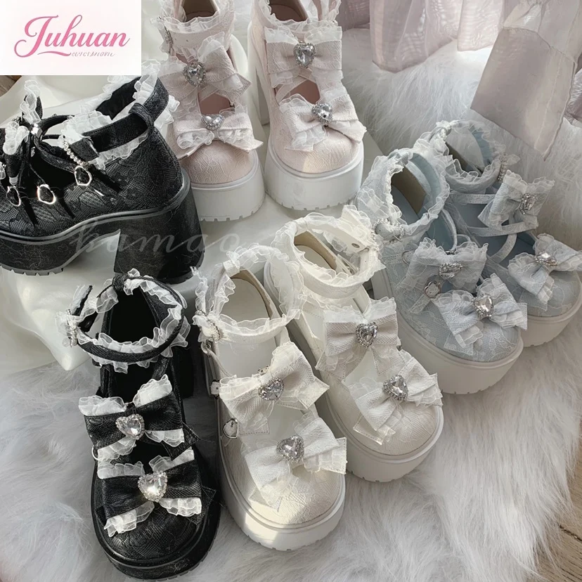 

Japanese bow cross strap Lolita high heel women's shoes sweet mine uniform jk hottie Japanese subculture muffin shoes female