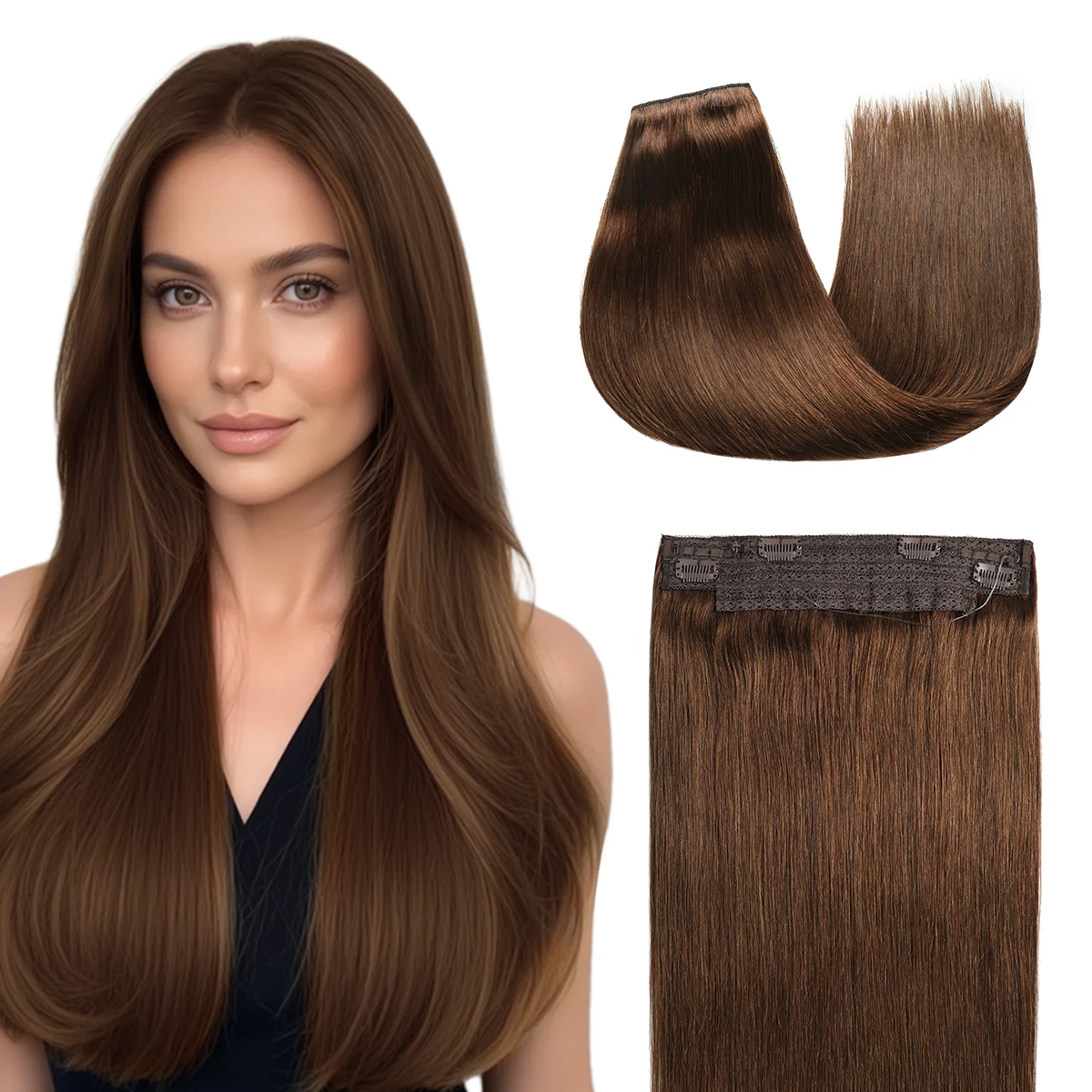 Invisible Wire Hair Extensions Real Human Hair 12-24Inch Brown Color Transparent Fish Line Clip-Ins Hair Piece 100% Remy Huma - view 2