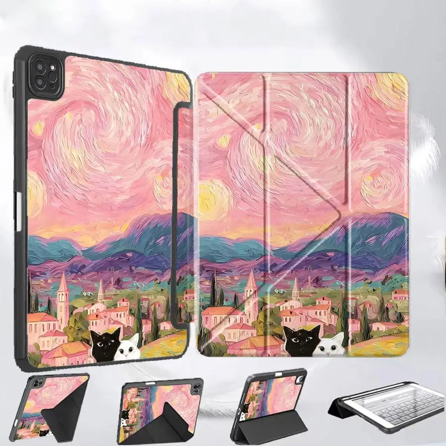 Holder Cover Tablet Case For iPad Pro 11th 10th 9th 8th 7th 12.9inch Mini 6 7 Pro 2025 Air 4 5 M3 M2 M4 11inch White Cat And