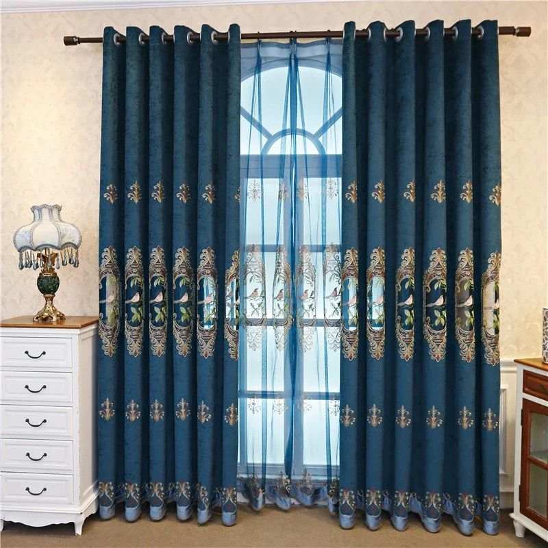 High Quality Modern Blue Bird Embroidered Semi-Blackout Curtains For Living Room Window Luxury Custom Decoration Bedroom Curtain