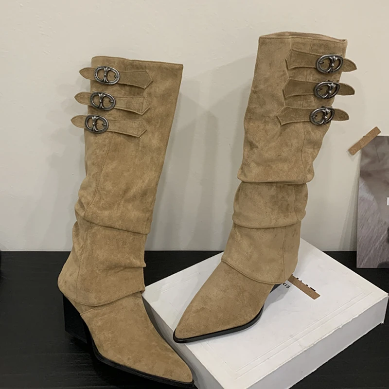 

Eilyken Punk Style Splicing Buckle Strap Woman Knee-High Boots Square Low Heels Long Booties Autumn Winter Female Shoes