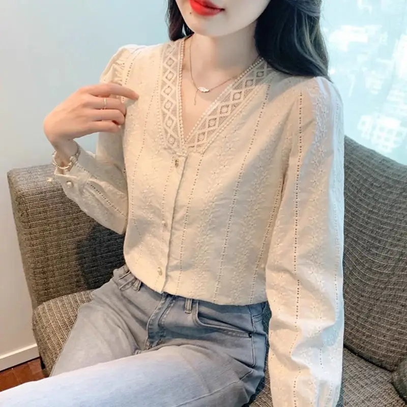 French Lace Embroidered Autumn Woman Trend V-neck Elegant Chiffon 2024 New Female Loose Slim Casual Top Fairyism Leisure Fashion