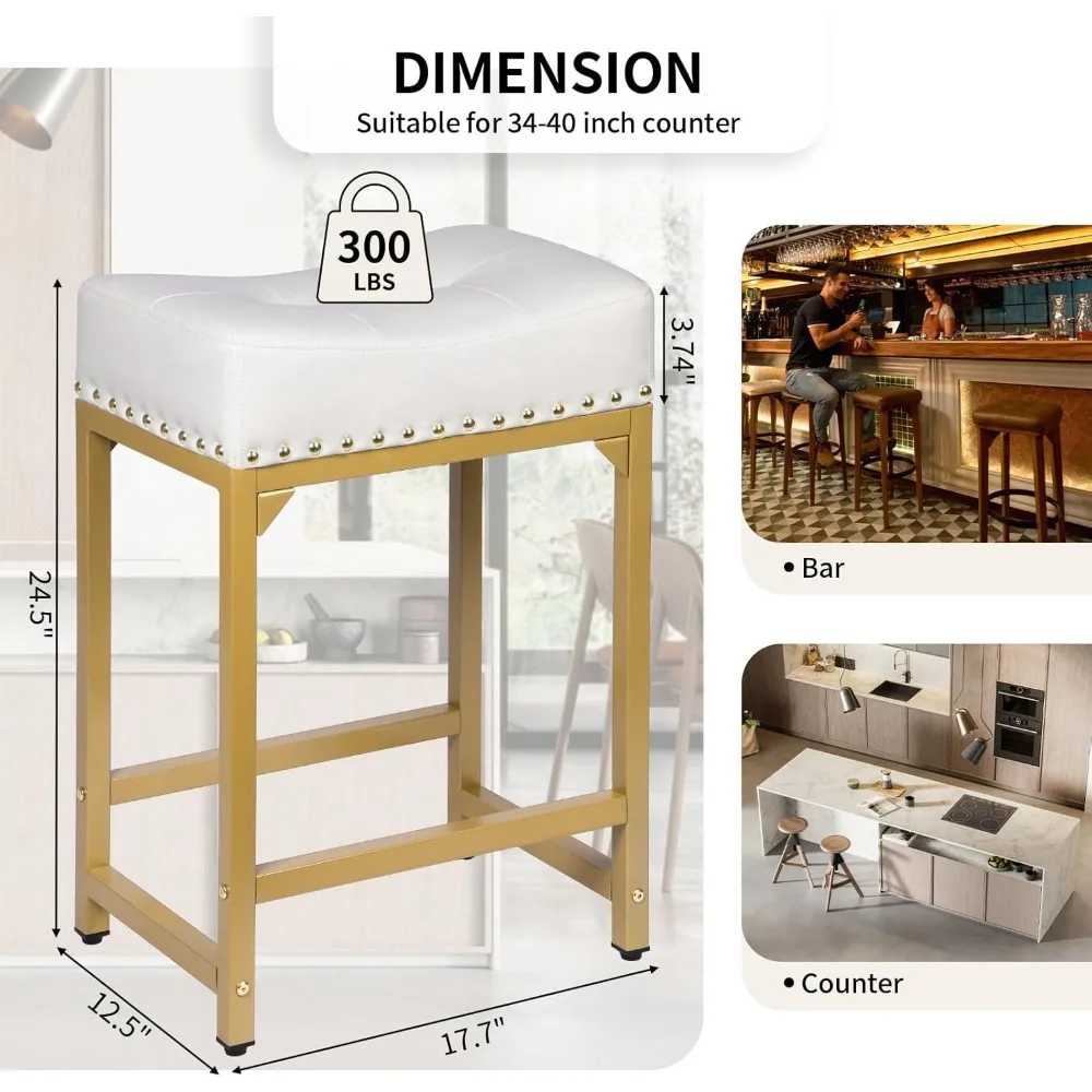 Bar Stools Set for Kitchen Island, Contra Altura, Branco e Dourado, Modern Counter Stools, 24 em