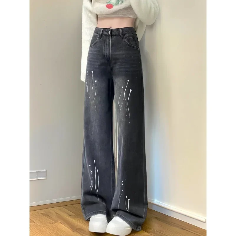 American retro black-gray design splash-ink jeans 2024 autumn and winter new high waist loose slim personality straight pants.