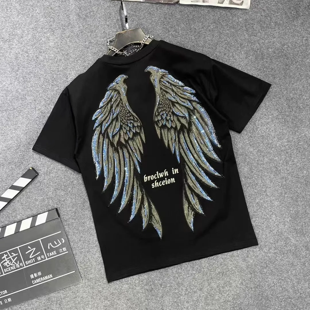 L-4XL Plus Size T-shirts for Women Wings Rhinestone Loose Summer Short Sleeve Tops Casual Women Clothing Занзеа Женская Одежда