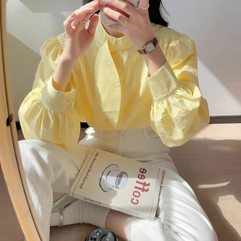 

Spring 2025 Women's Long Sve Bubble Sve irt Thin Design Sense Milk Yellow White Casual Sle Korean Loose Fit Ne