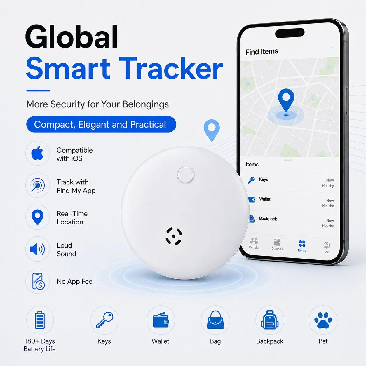 GL.Wear Smart GPS Tracker 180-Day Battery Bluetooth 5.4 Item Finder Global Locator Route History Sound Alert for Apple Android