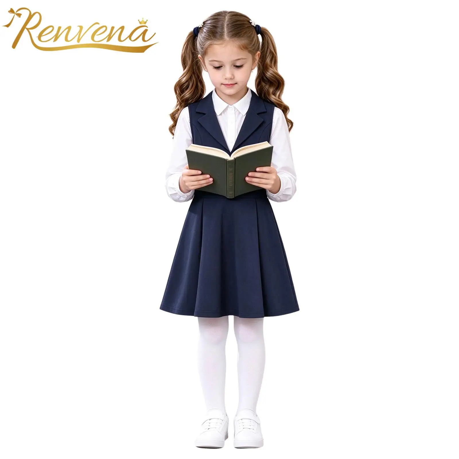 Children Classic School Uniform Dress Kids Girls Traditional Jumper Lapel Sleeveless Dress for Recitation Performance Costume
