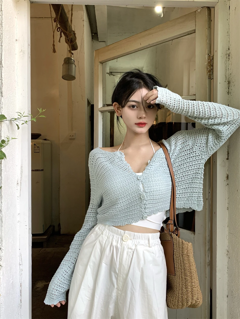 Cardigan Pointelle para mulheres manga comprida botão para baixo suéter de malha jaqueta primavera verão adolescente roupa casual