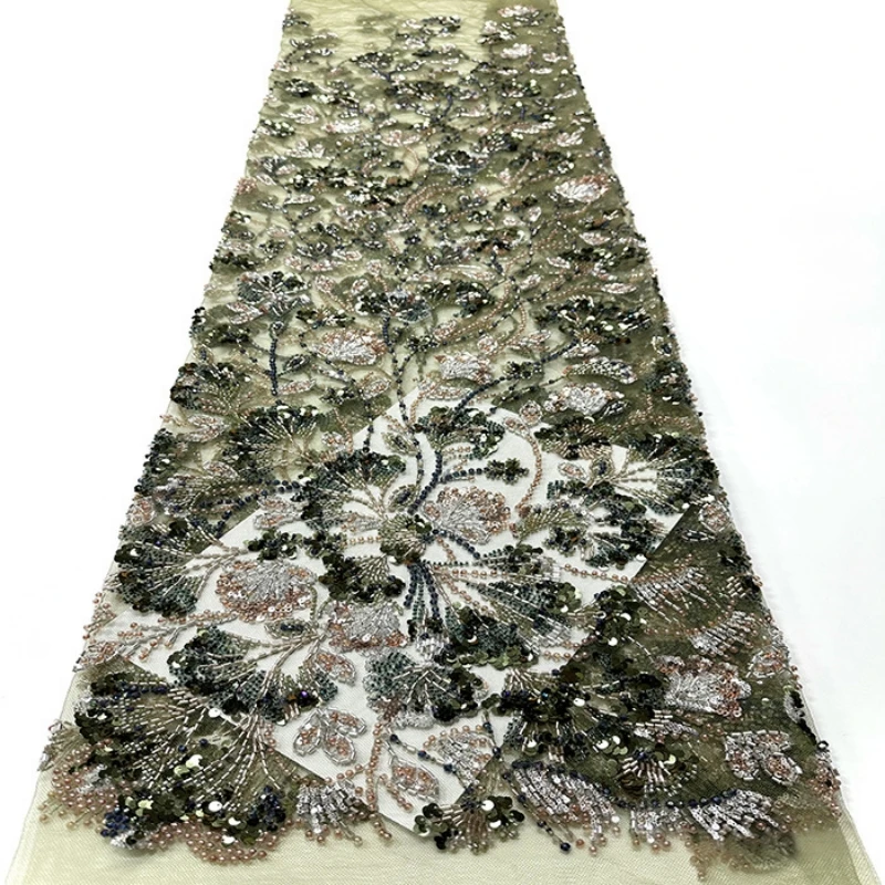 Luxury African Heavy Beaded Lace Fabric 2026 High-Quality Nigerian Tulle Sequined Lace Fabric Bridal Gown Haute Couture Fabric 3