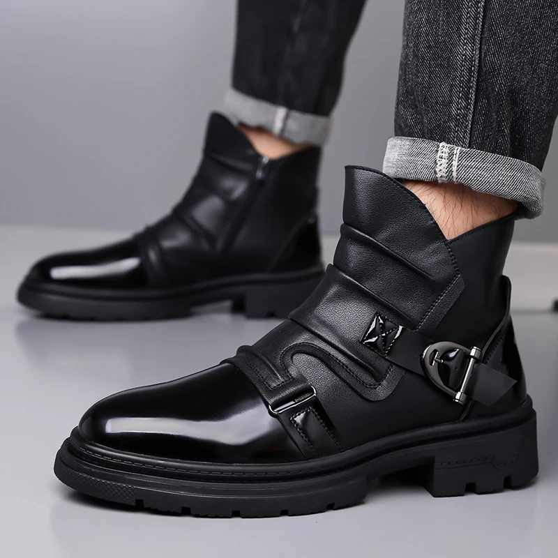 

big size men fashion party banquet chelsea boots black brown original leather shoes cowboy platform boot black brown ankle botas