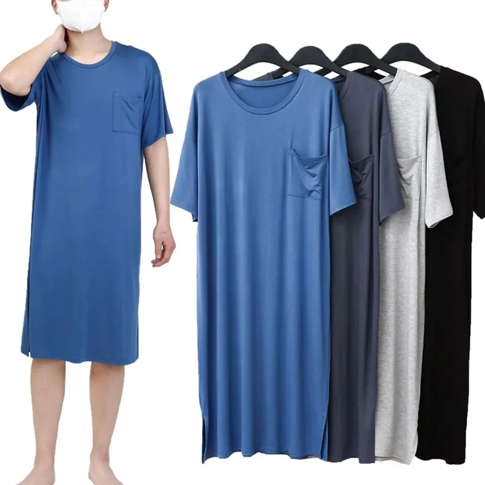

Men's Pajamas Short Sleeve Nightgown Cotton Robes Solid Color Bathrobes Homewear Male Sleep Night Dress Loungewear Home Clothes