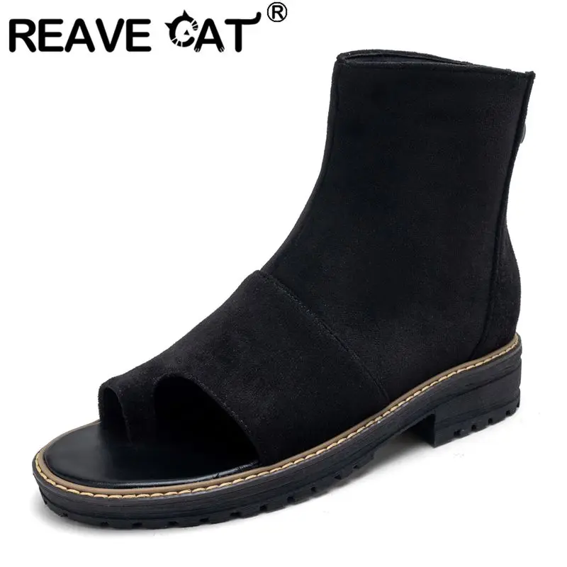 REAVE CAT Roman Female Sandals Clip Toe Flock Suede Thick Heels Large Size 41 42 43 Zipper Leisure Daily Summer Shoes for Women