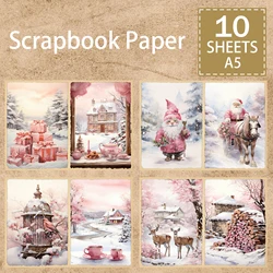 10 Sheets A5 Size Christmas Pink Gnome Santa Claus Background Vintage Grunge Journal Planning Scrapbooking