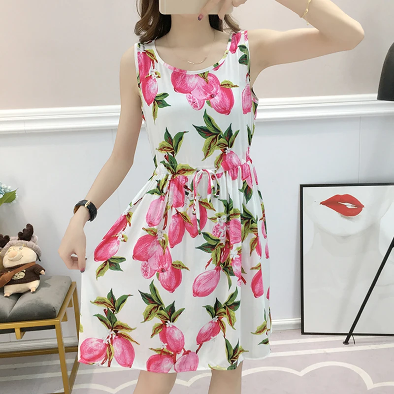 고급 유럽 스타일 플로럴 프린트 실크 코튼 여름 드레스 얇은 인조 코튼 캐주얼 루즈 웨이스트 디자인