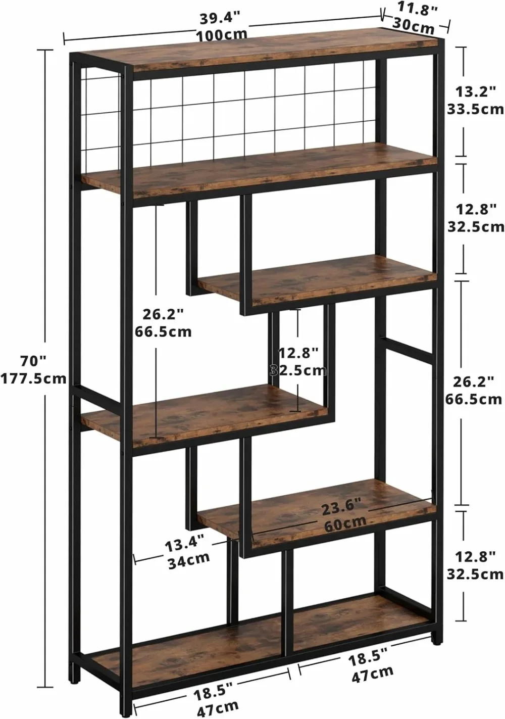 Rak buku 6 tingkat, rak tugas berat Etagere industri untuk ruang tamu, tempat penyimpanan kantor Display geometrik