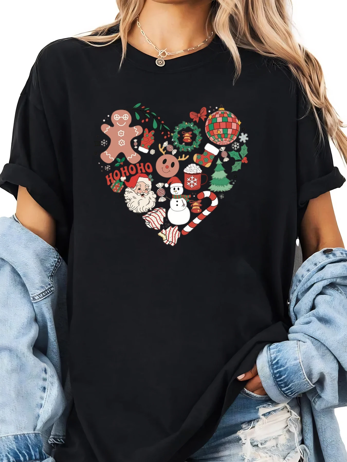 T-shirt de vacances imprimé cœur de noël pour femmes, tenue de fête décontractée, noir, grande taille