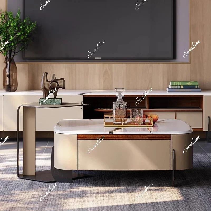 Superior Italian living room villa simple light luxury saddle leather marble coffee table  FT