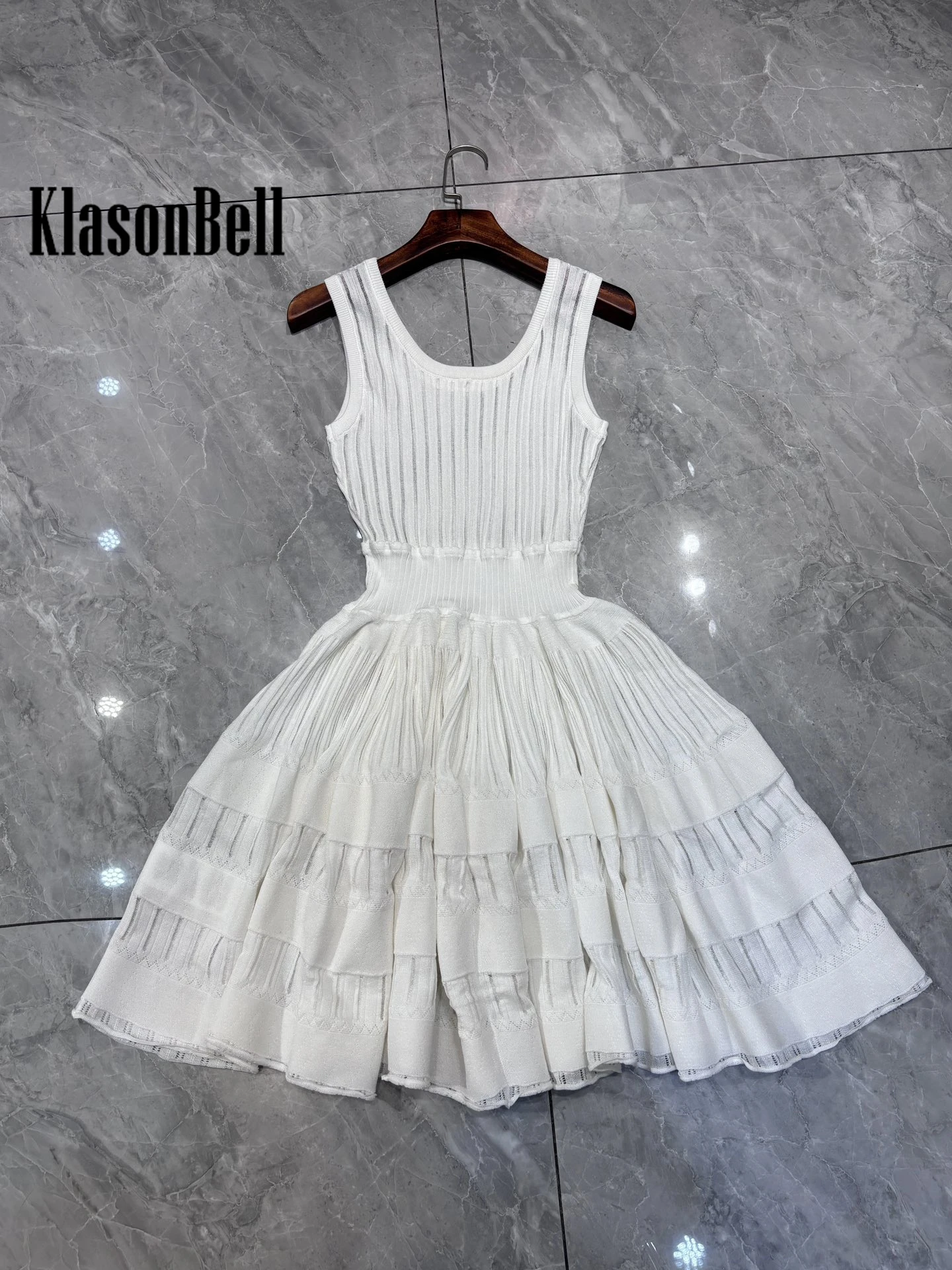 5.9 KlasonBell Sweet Ball Gown  Mini Knit Dress For Women Summer New U-Neck Sheer Spliced Collect Waist Tank Dress Beltless