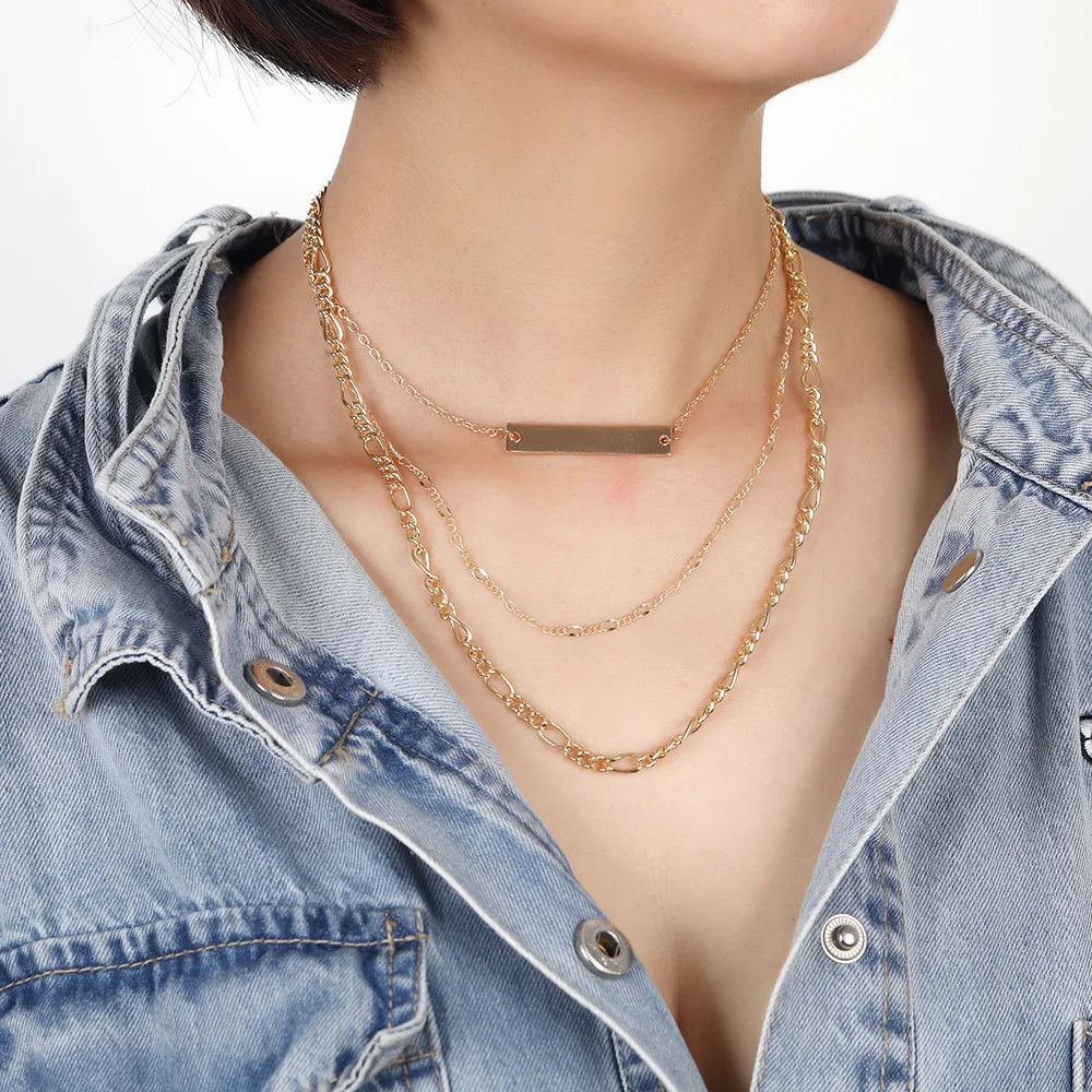 LXY-W Vintage Boho Gold-plate Rectangular Geometric Sequin Chain Necklace For Women Fashion New Multilayer Choker Jewelry Gift