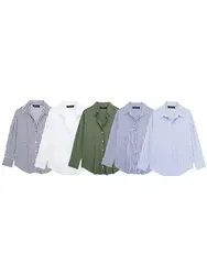 HH 2025 Spring New Women's Poplin Office Shirt Chic V Neck Single Breasted Elegant Women's Striped Casual Shirt Streetwear