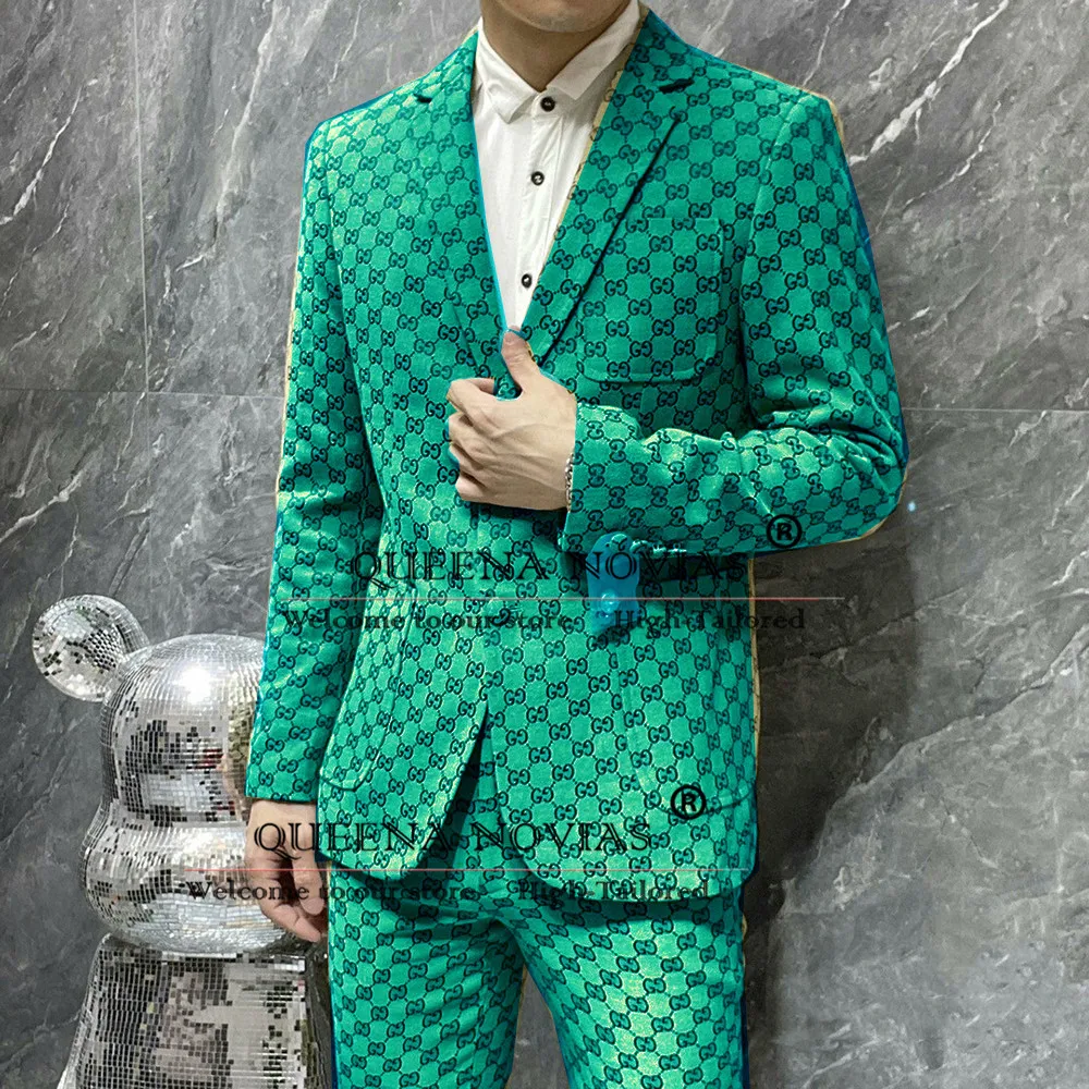 Man Plaid Jacquard Suits Formal Party Peaked Lapel Jacket Pants 2 Pieces Set Groom Wedding Tuxedo Bespoke Male Fashion Clothing