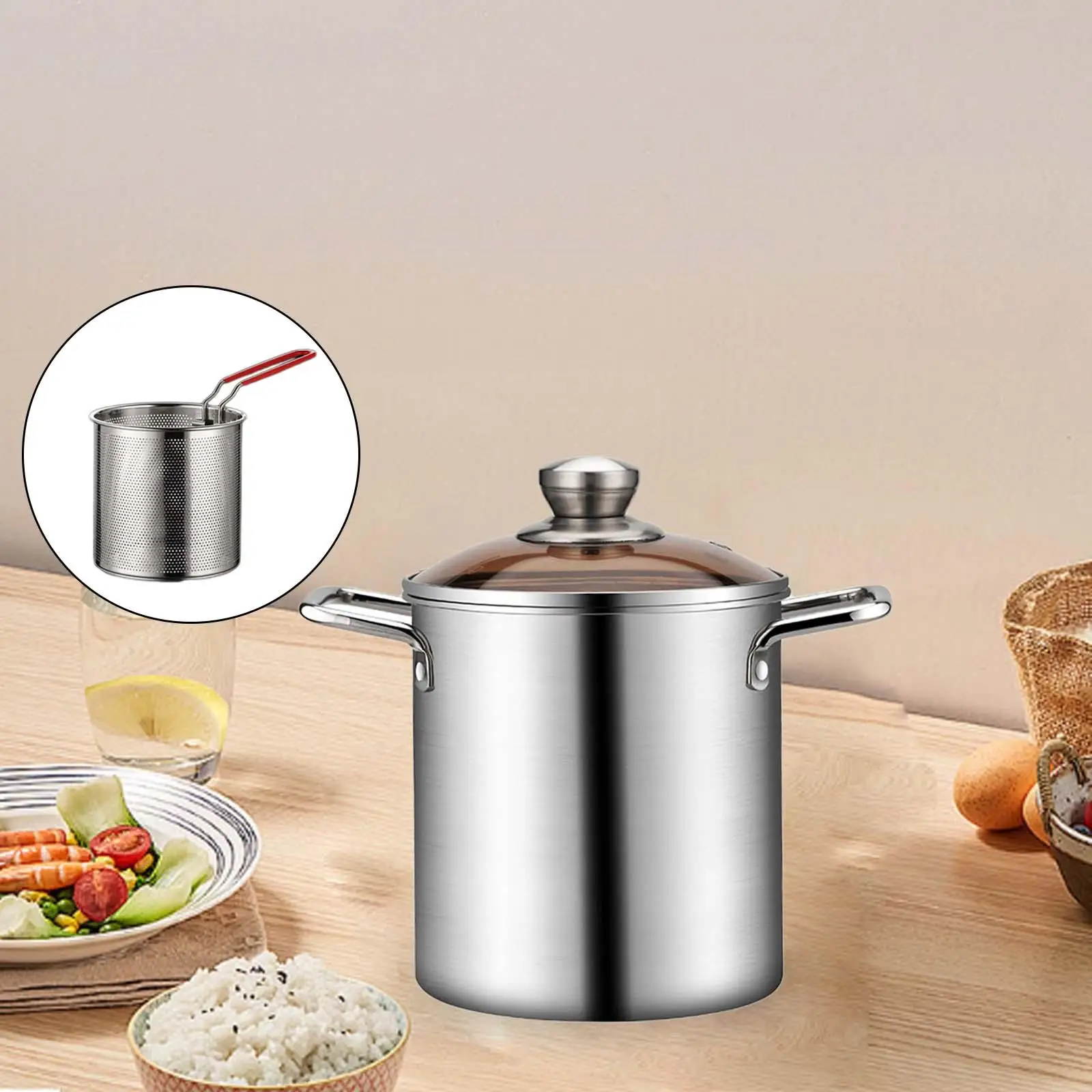 Stainless Steel Deep Frying Pot with Transparent Cover and Filter for Home Kitchen Frying Boiling Steaming Multipurpose Cookware