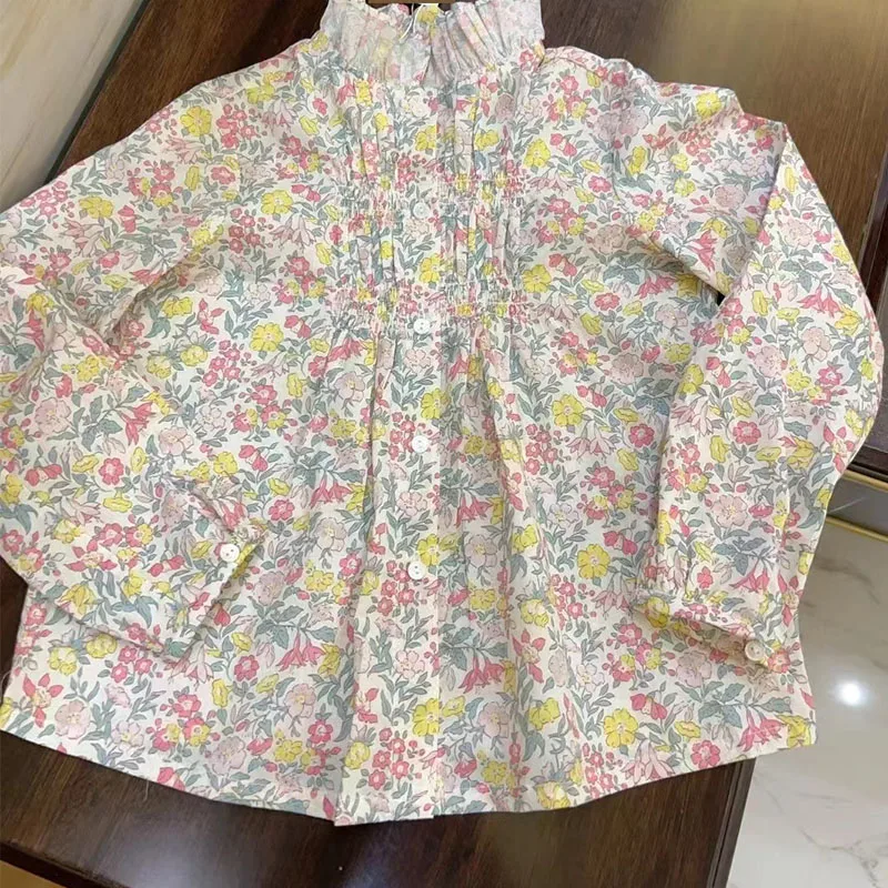 BP Floral Blouse Spring Kids Cotton Shirts Ruffles Collar Yellow Shirt Long Sleeves Versatile Clothes Blouses Children Clothes