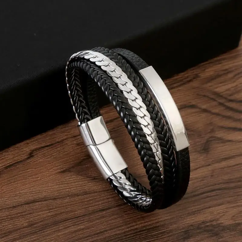 Fashion New Style Stainless Steel Men\'s Leather Bracelet Hand-woven Multi-layer Combination Accessory Classic Bracelet Big Sale