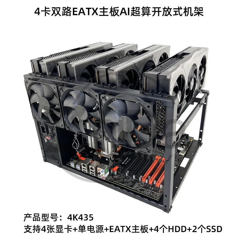 4‑GPU Open Frame Chassis, Single Power Supply, Dual EATX Motherboard AI Server Rack, Rack‑Mountable Multi‑Graphics Card Case