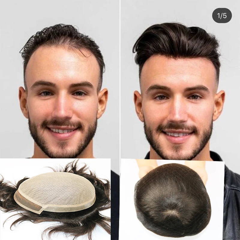 NC Straight Human Hair Silk Base With Lace Toupee Pu Skin Hairpieces For Men Repalcement Unit Wig Durable Male Hair  Prosthesis