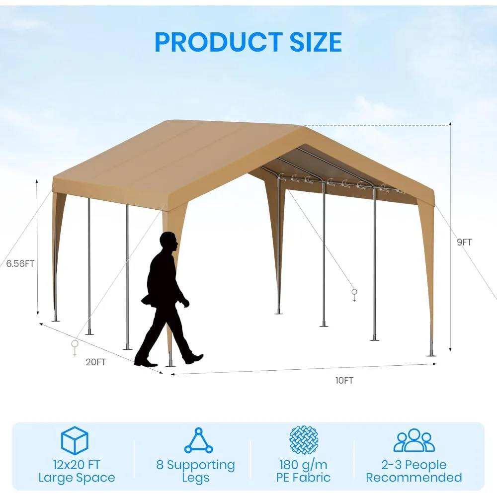 

10x20 FT Heavy Duty Carport, Outdoor Portable Car Canopy Garage, Galvanized Steel Frame, UV-Resistant Waterproof PE Tarp