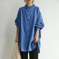 Retro Stand Up Collar Single Breasted Long Sleeved Shirt Casual Loose Solid Color Cotton Linen Base Shirt for Women