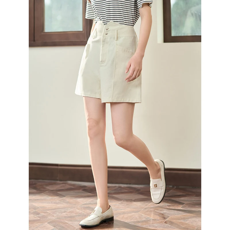 INMAN Women Shorts 2023 Summer Design V-shaped Waistband Loose Wide-leg Pants Thin Casual All-match Apricot Black Trousers