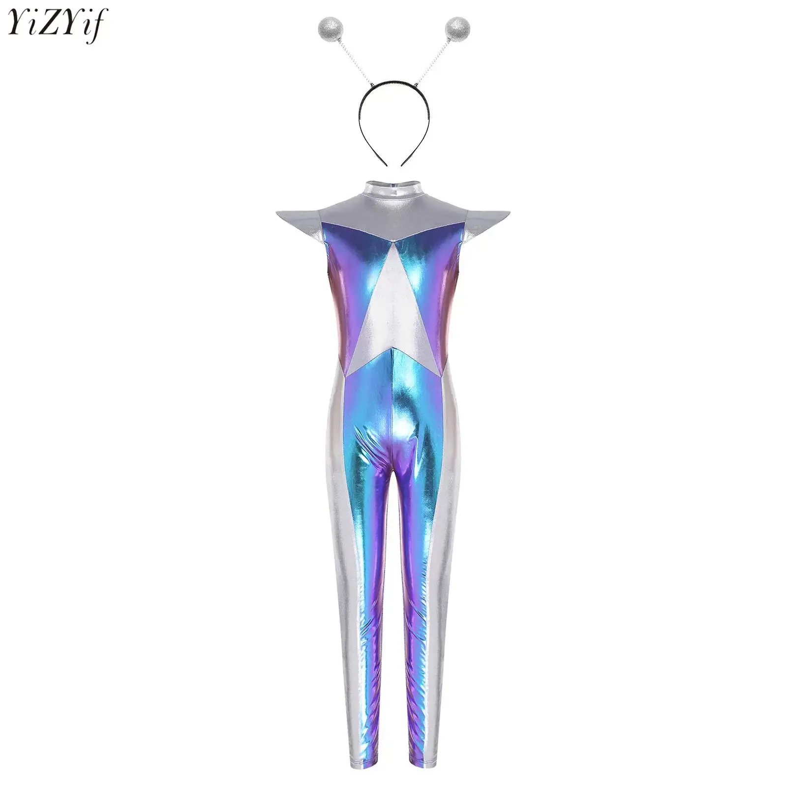

Girls Alien Cosplay Costume 2Pcs/Set Color Block Metallic Jumpsuit Hair Hoop for Halloween Theme Party Role-Playing Fancy Ball