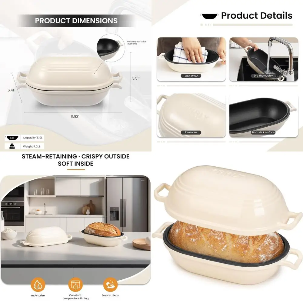 

Oval Enamel Cast Iron Dutch Oven, 9 x 5.8, 2.8-Quart, with Lid for Sourdough Bread & Meatloaf Baking