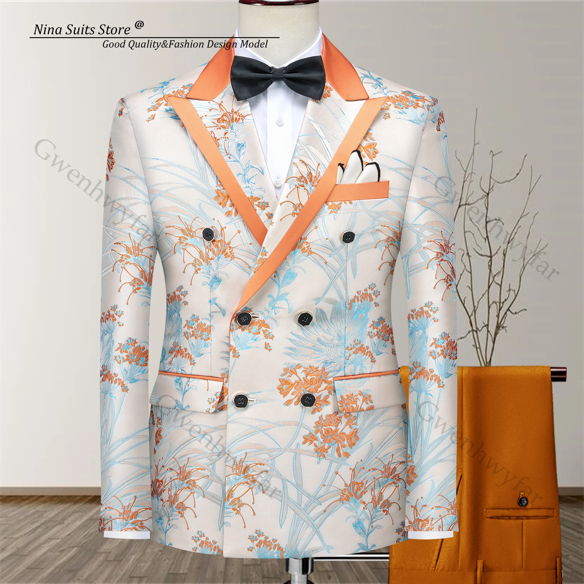 

Gwenhwyfar 2025 Summer New Men's Printed Suit 2-piece Set with Peak Lapel Coat and Satin Orange Pants Set Fashionable Clothing