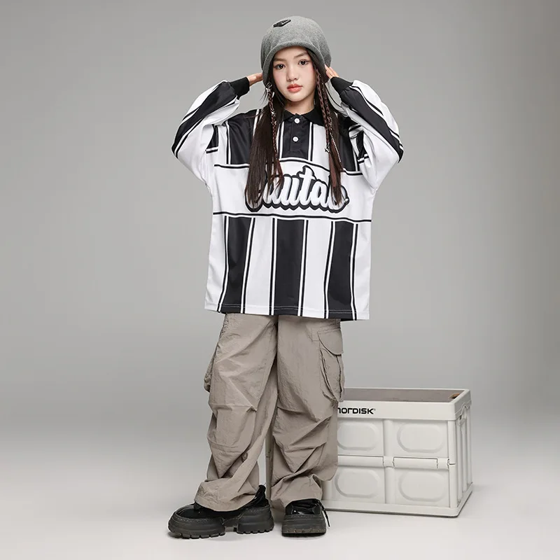 

Kid Hip Hop Clothing Black Striped Polo Neck Sweatshirt Top Gray Casual Wide Cargo Pants for Girl Boy Jazz Dance Costume Clothes
