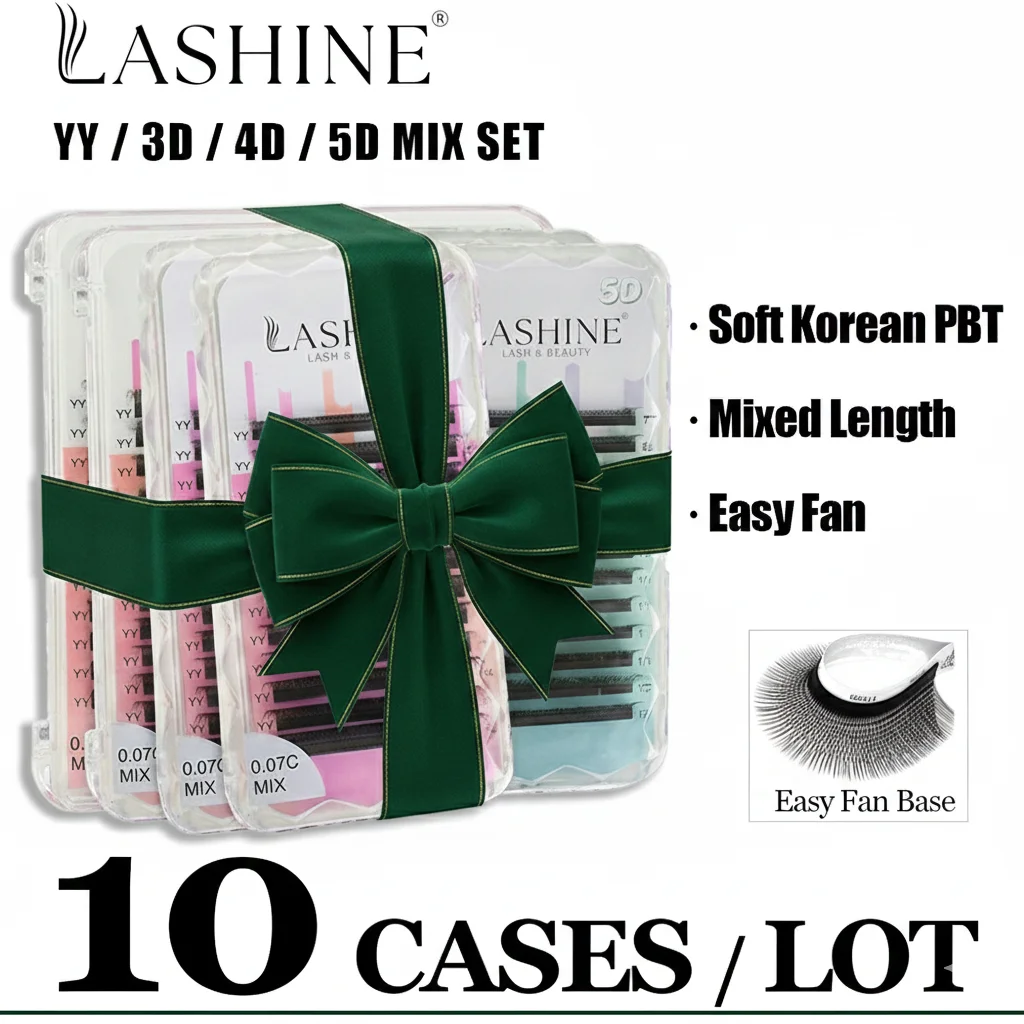 LASHINE YY 3D/4D/5D Mixed 10 Cases/Lot Set Premade Volume Fans Free shipping Soft Korean PBT Easy Fan C/D Curl Mixed Length