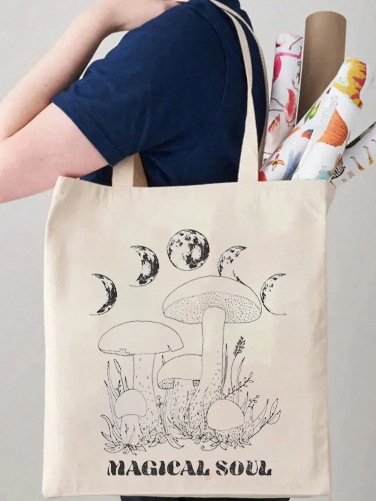 1pcs Mushroom Moon Phases Vintage Aesthetic Pattern Tote Bag Shoulder Bag Botanical Travel Bag Handbag & Shopping Gift Bag