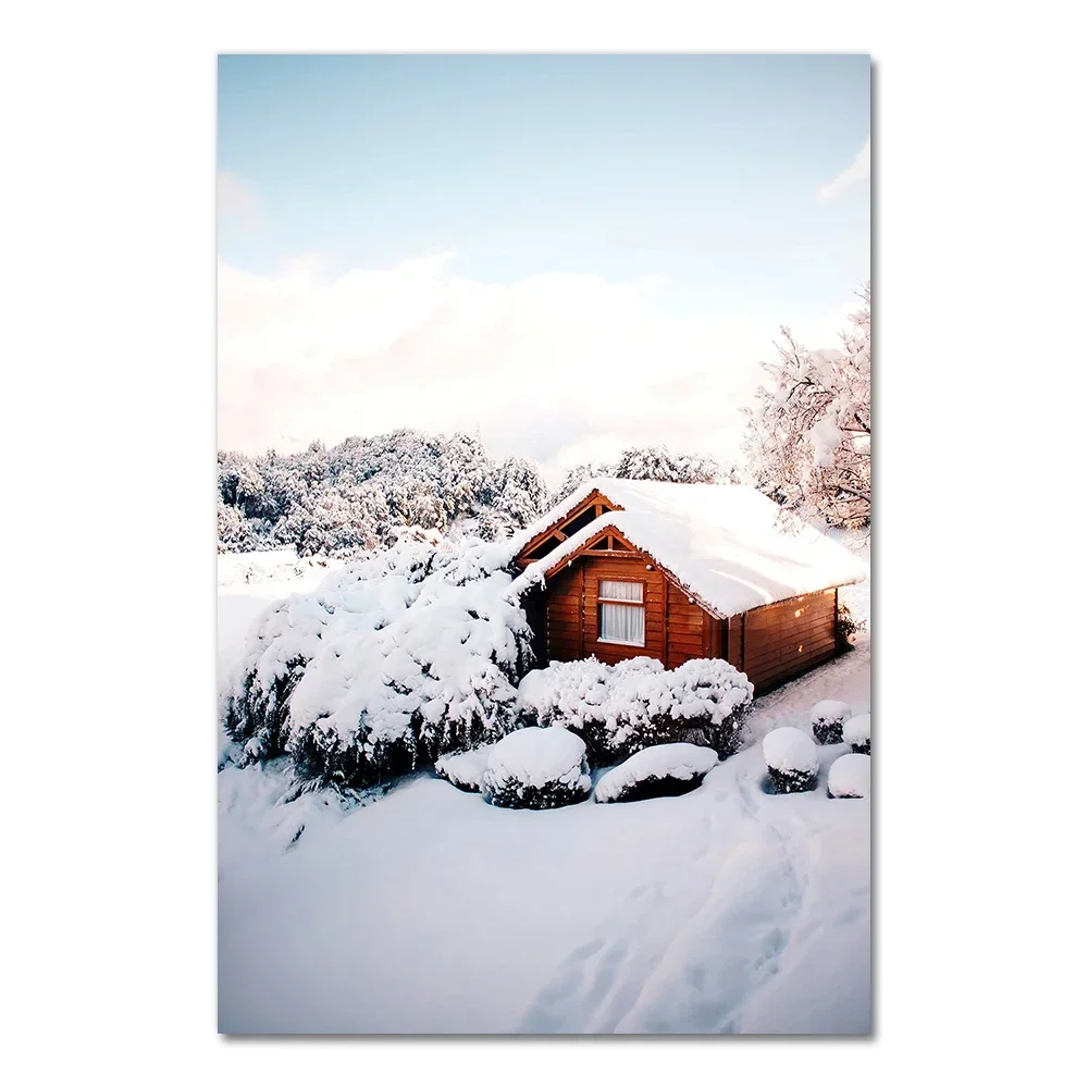 2026 Winter Snow Forest Plant Animal Landscape Canvas Painting Nordic Cow Wooden House Posters and Prints Wall Pictures for R