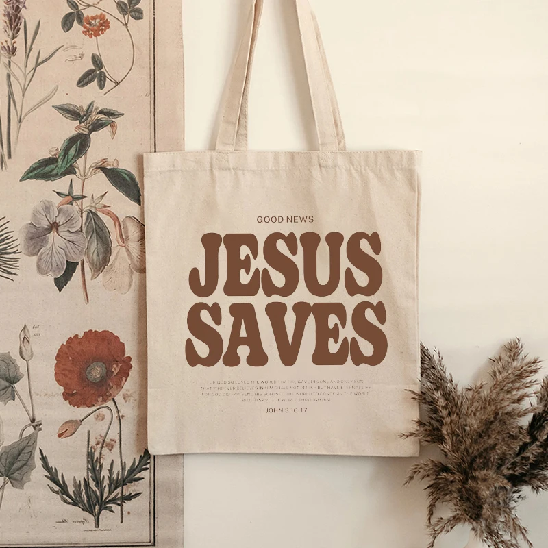 Cood News Jesus Saves Pattern Canvas Shoulder Tote Bag Casual Shopping Tote Christ Religion Christian Faith Shopper HandBag