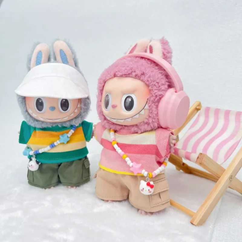 

15cm/17cm Labubu Outfit Accessories For Generations I/II/III - Versatile Colorful Striped Short-Sleeve Top & Cargo Pants Set